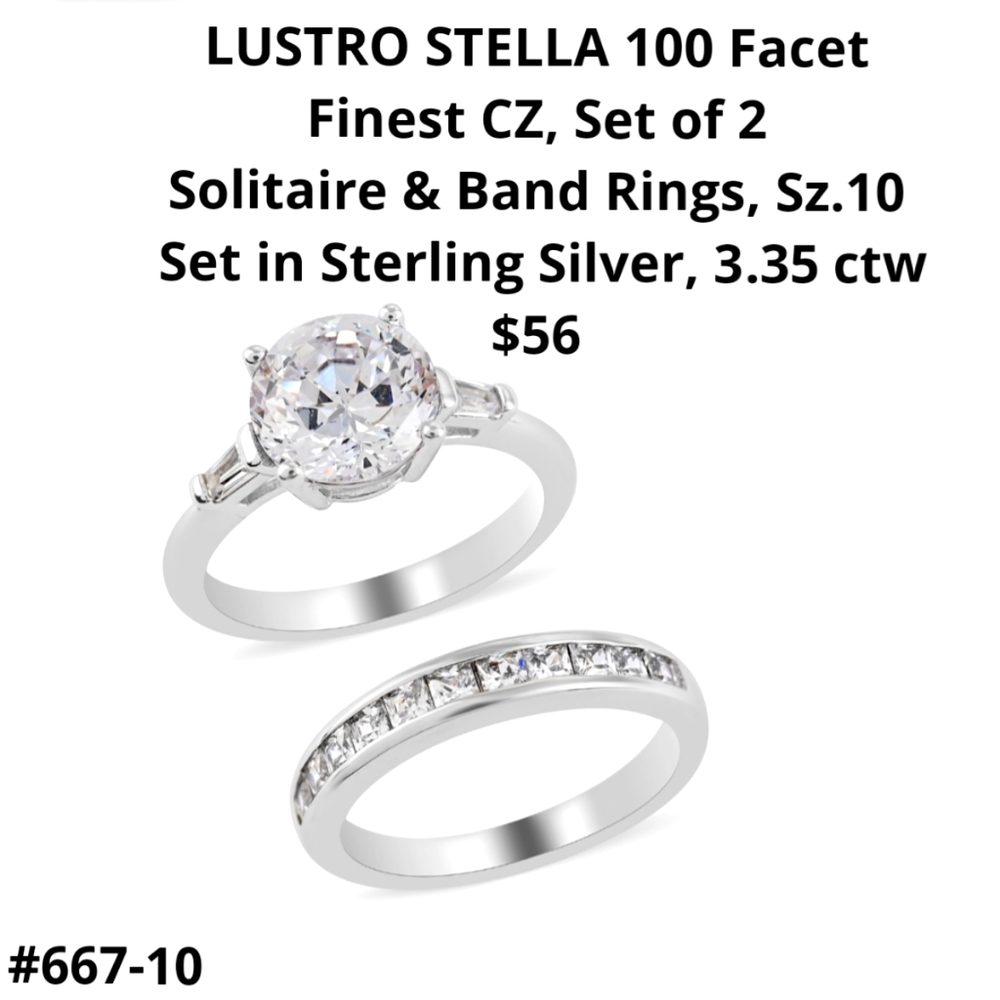 LUSTRO STELLA Finest CZ, 2 pc. set, solitaire & band, Sz.10, 100 facet!